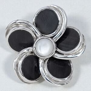 Vintage Sterling Silver 925 Onyx Abalone Daisy Flower Ring Adjustable 6.75+